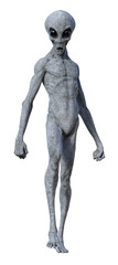 Illustration of a gray alien in a defensive pose isolated on a white background. - 675554021