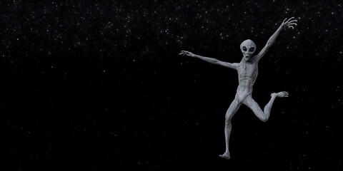 Illustration of a gray alien with arms up and leg outstretched backwards acting goofy in space