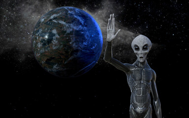 Illustration of a gray alien with arm raised waving hello in the foreground with a planet and space in the background.