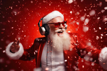 Happy jolly Santa Claus wearing headphones dancing on red background