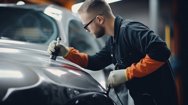 auto service, auto maintenance and people concept - close up of man in protective protective gloves with car at garage or auto shop