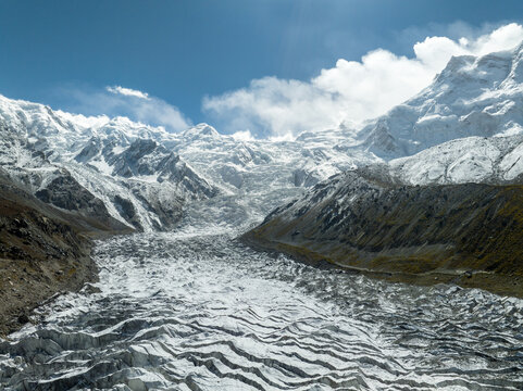 diagonal lines white glacier with "Nanga Parbat" the 9th highest peak in the world, called "Killer Mountain". Landmark in northern Pakistan. Beautiful scenery of high mountains with trail to base camp