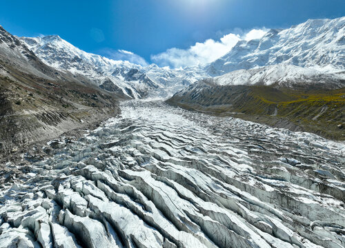 diagonal lines white glacier with "Nanga Parbat" the 9th highest peak in the world, called "Killer Mountain". Landmark in northern Pakistan. Beautiful scenery of high mountains with trail to base camp
