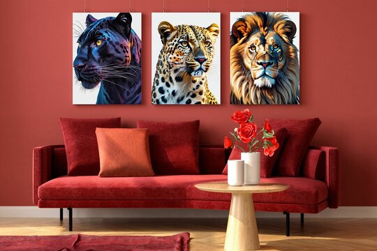 Delicado living en tonos rojizos con sillón de 3 cuerpos, cojines, mesa ratona, florero, flores, tapete, cuadros con pantera, leopardo y león.