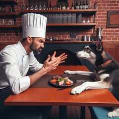 fussy dog customer doesnt want the food given by a chef in restaurant generative ai - 675554881