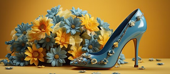 In the vibrant summer fashion embraces the beauty of nature with spring inspired floral prints showcasing the allure of blue petals and yellow sunflowers blooming on plants These playful dec - obrazy, fototapety, plakaty