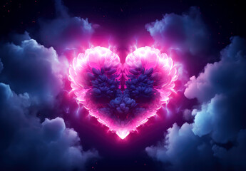 Cyber ​​neon colors, futuristic smoke and fog heart on dark background. Cyberpunk Valentine's Day. Minimal love concept.