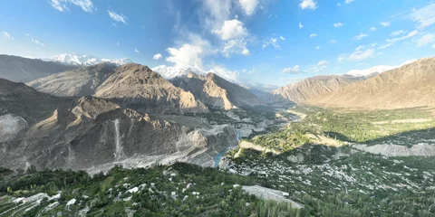Foto op Plexiglas Nanga Parbat Panorama white glacier with "Nanga Parbat" the 9th highest peak in the world, called "Killer Mountain". Landmark in northern Pakistan. Beautiful scenery of high mountains with trail to base camp