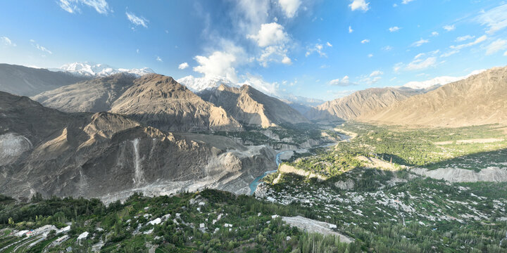 Panorama white glacier with "Nanga Parbat" the 9th highest peak in the world, called "Killer Mountain". Landmark in northern Pakistan. Beautiful scenery of high mountains with trail to base camp