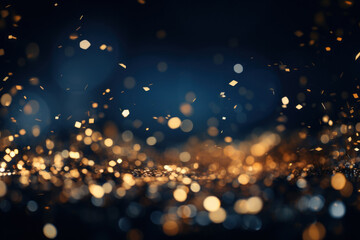 Fototapeta na wymiar An abstract background comes to life with dark blue and gold particles, creating a Christmas-inspired bokeh effect against a navy blue backdrop. Generative Ai.