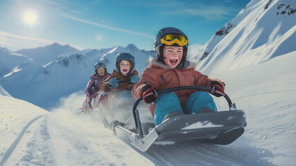 Kids sledding through mountains, winter holiday time. 
