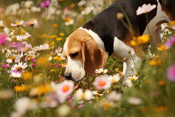 Beagle in flower meadow