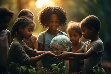 On International Peace Day, African children grasp the Earth globe in their hands. A group of African youngsters cradle the planet over a nature-inspired background. Generative Ai. - obrazy, fototapety, plakaty