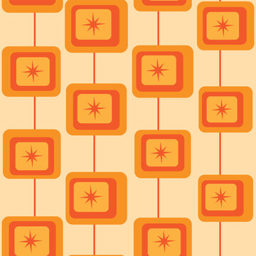 Mid century modern atomic starbursts on abstract square shapes in orange, red and yellow. For wallpaper, home d&eacute;cor and textile 