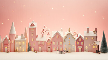 Snowy Miniature Christmas Village with Shops, Stores, and Houses on Feminine Pink Backdrop in Pastel Color Tones with Twinkle Light and Snowfall - Stop Motion Style with Copy Space - Xmas Concept