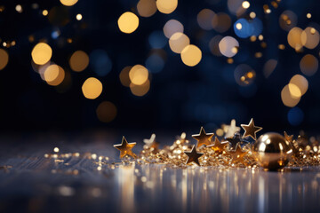 A composition of golden stars, sparkling elements, and bokeh effects embellishes a navy blue backdrop.  Generative Ai.