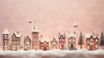 Obraz na płótnie Canvas Snowy Miniature Christmas Village with Shops, Stores, and Houses on Feminine Pink Backdrop in Pastel Color Tones with Twinkle Light and Snowfall - Stop Motion Style with Copy Space - Xmas Concept