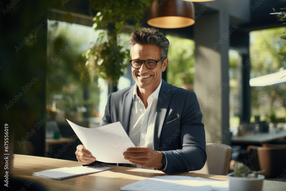 Poster a smiling businessman holds documents and makes direct eye contact with the camera while working fro