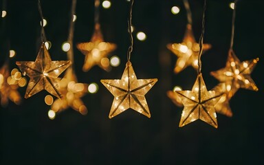 many Gold star light hanging on dark background