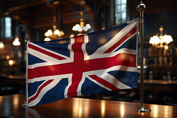 The British Union Jack flag displayed in a historic London pub. Concept of tradition and pub culture. Generative Ai. - obrazy, fototapety, plakaty