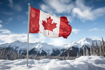 The Canadian flag flying over a pristine snow-covered landscape. Concept of winter beauty and natural wonders. Generative Ai.