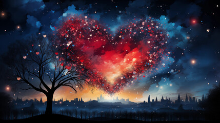 Fireworks of Love: A brilliant fireworks display against the night sky, representing the explosive joy of love on Valentine's Day - obrazy, fototapety, plakaty