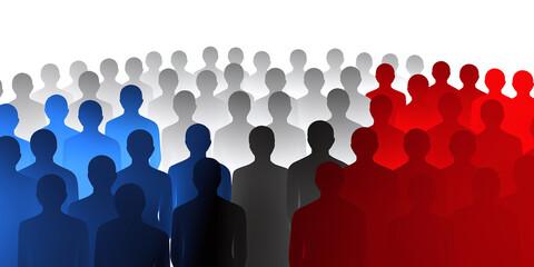 demographics represented by three distinct groups of generic figures; human outlines with red, grey, or blue to depict political affiliation