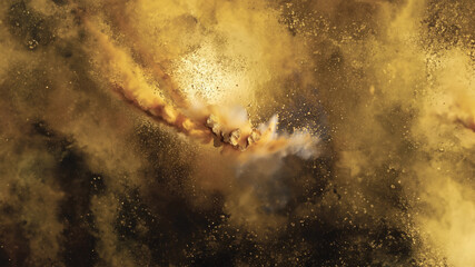 Gold pigment and gold smoke explosion on a gold background. Generative AI used.