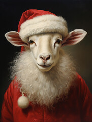 An Oil Painting Portrait of a Sheep Dressed Like Santa Claus