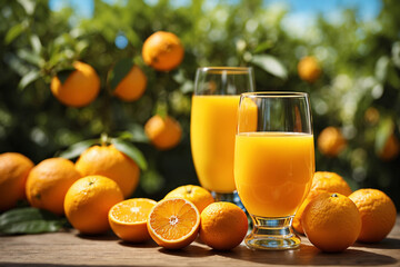 Close-up glass of orange juice stay among oranges.