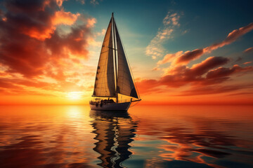 The tranquil silhouette of a sailboat drifting on a calm lake during sunset. Concept of leisurely water activities and serenity. Generative Ai.