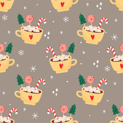 Winter holidays seamless pattern with cup of cocoa.Xmas hot drink is decorated with candies and marshmallows.Background with sweet dessert,snowflakes and snowfall.Vector cartoon seasonal illustration.