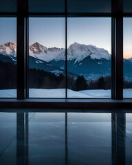 Minimalistic interior, mountain view from big panoramic window