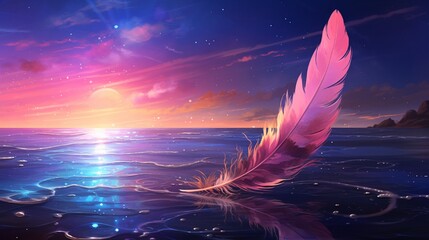 Feathers with a gradient of colors, covered in dewdrops, set against the backdrop of a serene, starlit ocean.