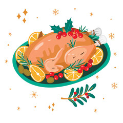 Roast turkey with cranberries, orange slices and olives. Christmas food garnished with rosemary sprigs.Festive traditional dish for Xmas party.Winter holiday meal.Vector illustration isolated on white