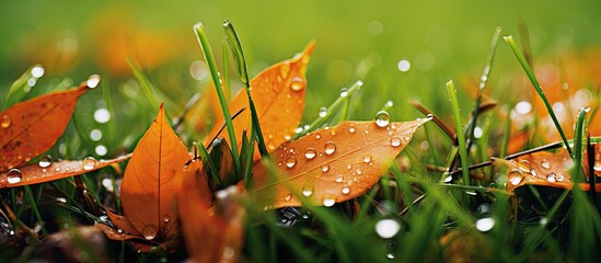 In autumn the green grass transforms into a vibrant array of orange red yellow and brown leaves creating a stunning display of nature s colors even on gloomy days filled with rain and puddl