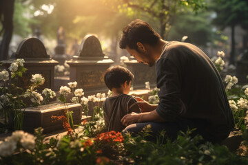 A family paying their respects at the tomb of their ancestors during the Qingming Festival. Concept of ancestral veneration and tradition. Generative Ai. - obrazy, fototapety, plakaty