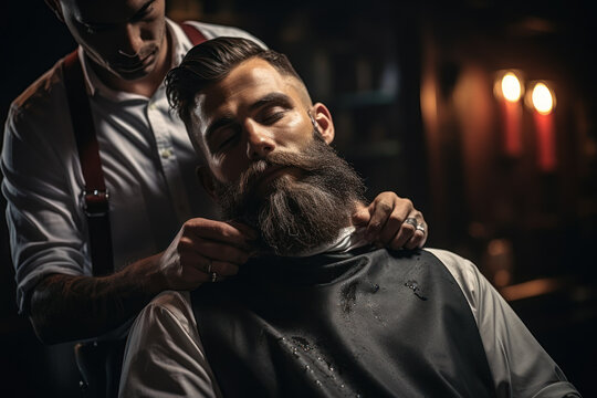 A skilled barber expertly shaping a customer's beard with a straight razor. Concept of precision grooming and timeless tradition. Generative Ai.