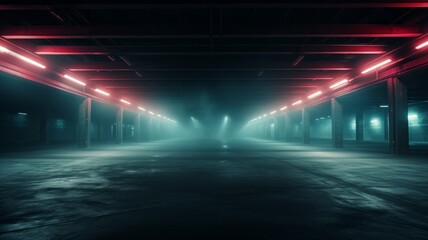 empty parking garage background with dappled light streaking across the floor and walls, muted cyan and red tones, cyc, empty, fog, smoke, abstract