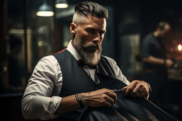A barber finishing a haircut with a straight razor line-up, creating a sharp and well-defined look. Concept of stylish grooming. Generative Ai. - obrazy, fototapety, plakaty