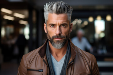 Obraz premium A well-groomed man leaving a barbershop, showcasing his polished appearance and confidence. Concept of self-care and personal image. Generative Ai.