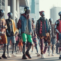 Naklejka premium futuristic teenage humanoid robots in street wear