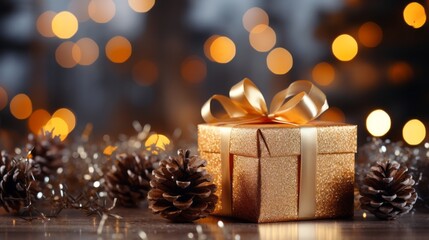 Gift boxes and pine cones. Christmas and new year background.