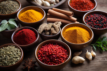 A collection of various colorful spices in small bowls