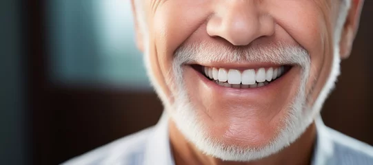 Fotobehang Generative AI, senior man mouth or teeth smiling, hygiene or dental cleaning cosmetic service.. © DELstudio
