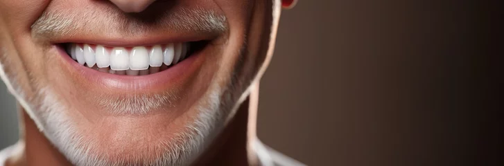 Fotobehang Generative AI, senior man mouth or teeth smiling, hygiene or dental cleaning cosmetic service.. © DELstudio