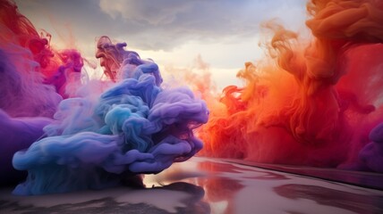 colorful smoke trails, abstract with empty ground in foreground - obrazy, fototapety, plakaty