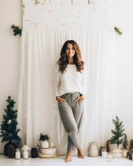 Fototapeta premium Simple Christmas holiday background with beautiful girl.
