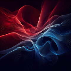 Abstract Futuristic Stellar Winds High Flowing Speed Motion Red & Blue Swirling Wiggle Sound Waves Glowing Light with Circle Bokeh Dots on Dark Black Background, Data transfer Concept Dynamic Contrast