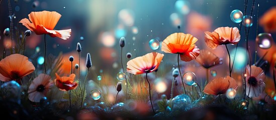 In the garden colorful flowers with vibrant red hues and bokeh reflections sparkle like celestial bodies in a springtime space showcasing the beauty of nature s growth while water nurtures t - obrazy, fototapety, plakaty